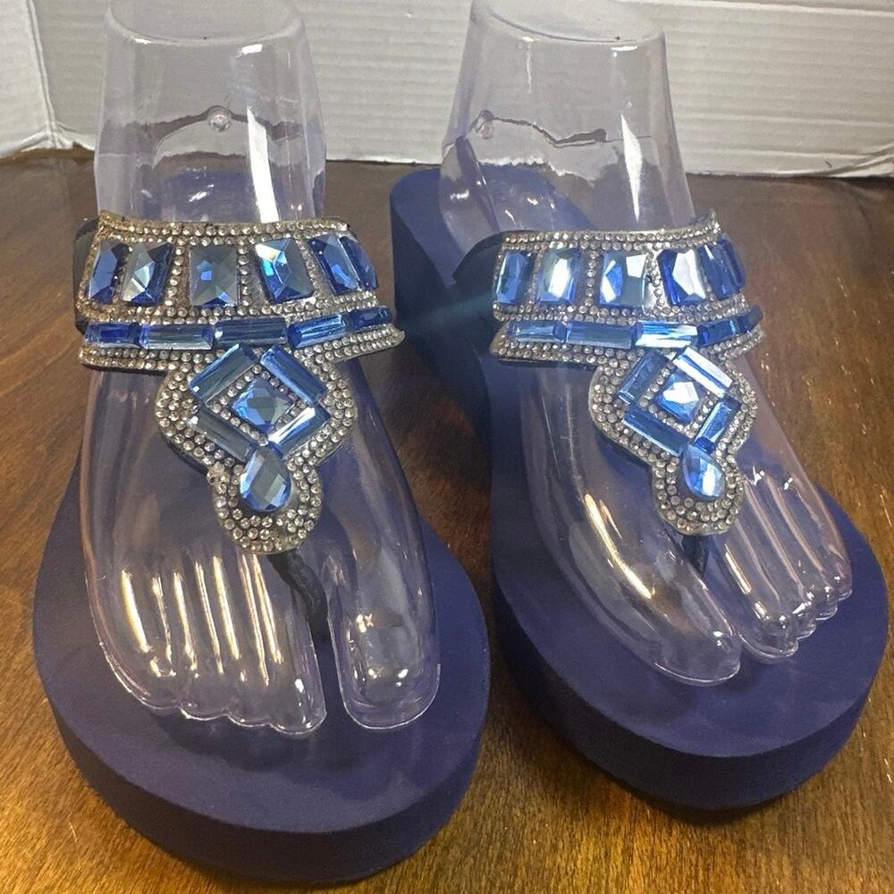 Olivia Miller Blue Slide on sandals w/heel & rhinestones women’s size 10